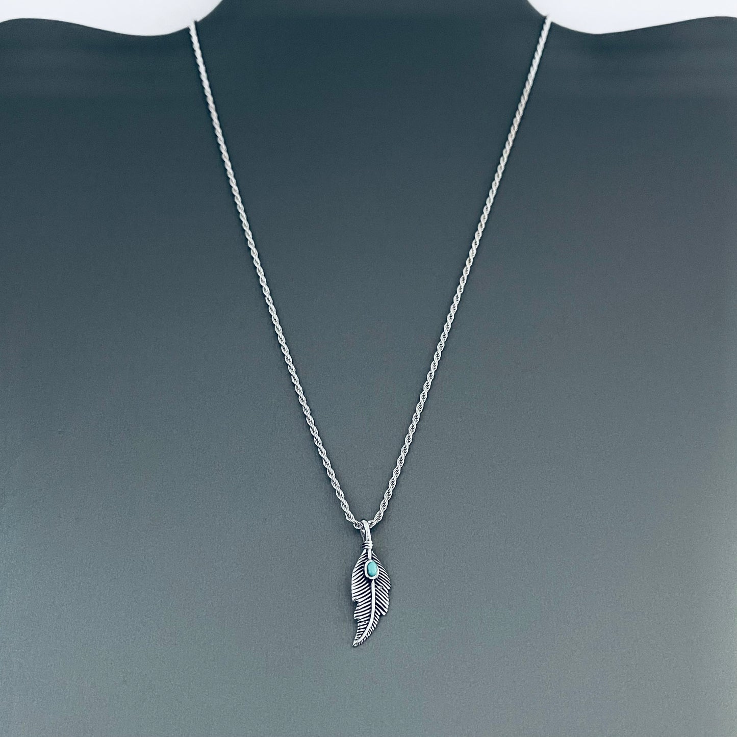 Sterling Silver Feather Necklace with Synthetic Turquoise, Angels Wing Chain, Bird Necklaces