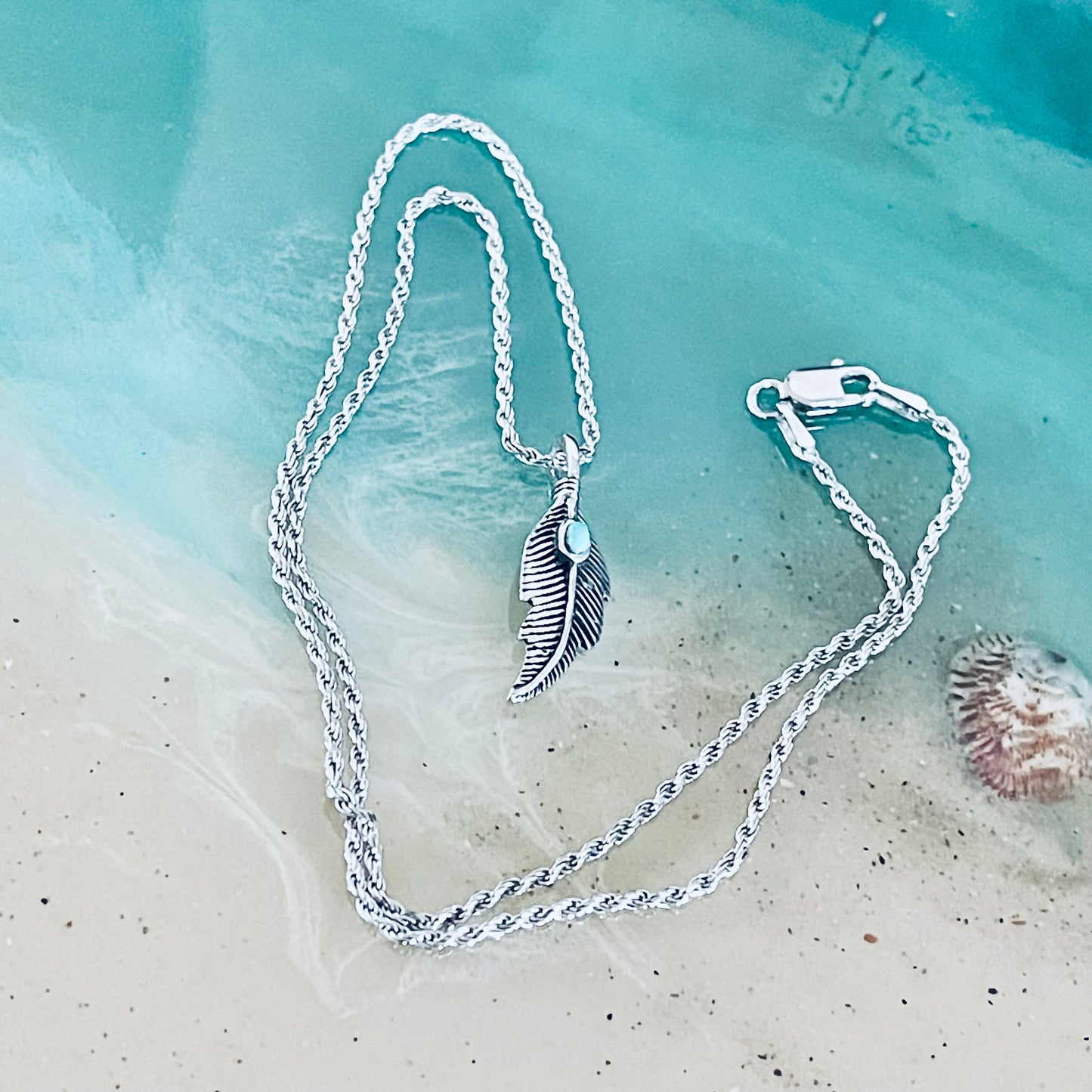 Sterling Silver Small Feather Necklace with Turquoise, Angels Wing Chain, Bird Jewelry