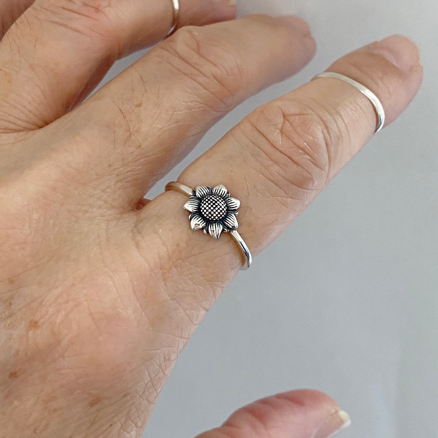 Sterling Silver Small Sunflower Ring, Minimalist Flower Jewelry, Sun Rings