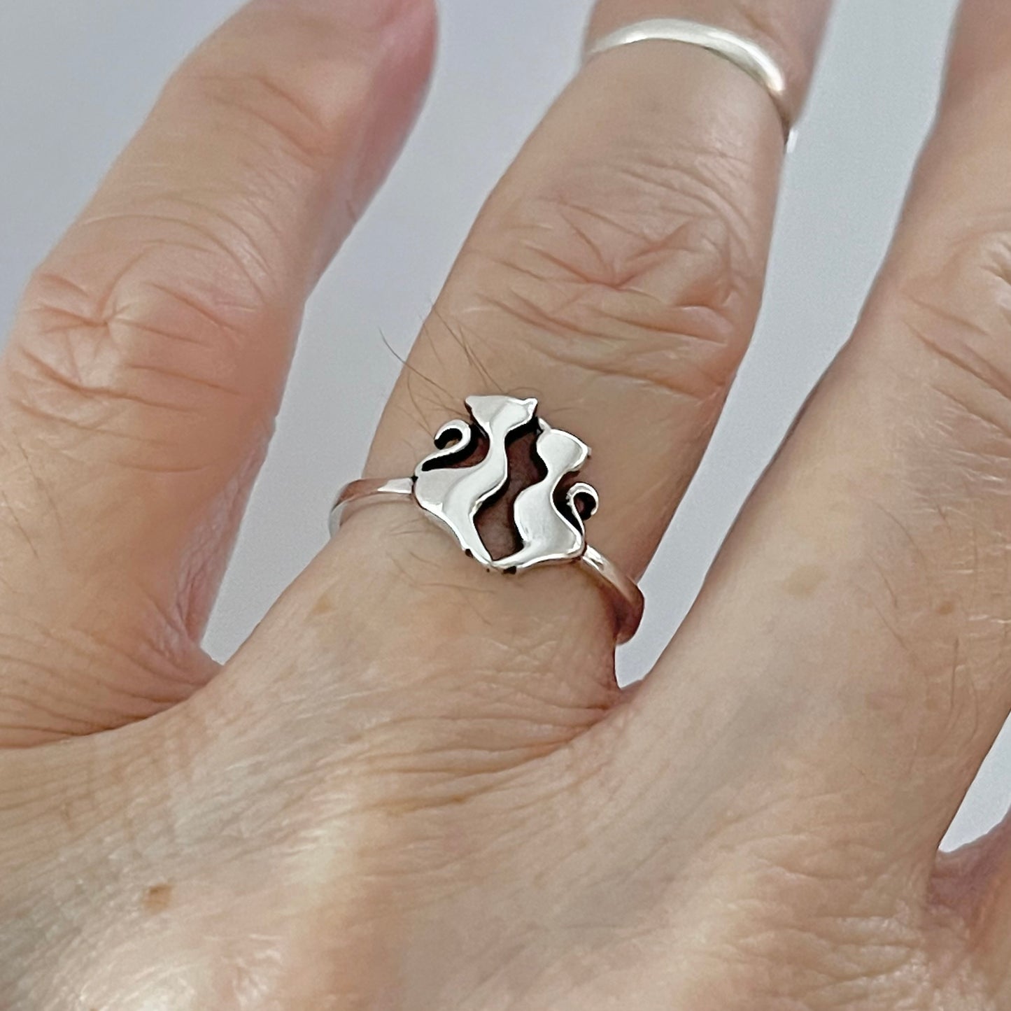 925 Sterling Silver Cat and Kitten Ring – Dainty Animal Silver Ring, Kitty Ring for Women