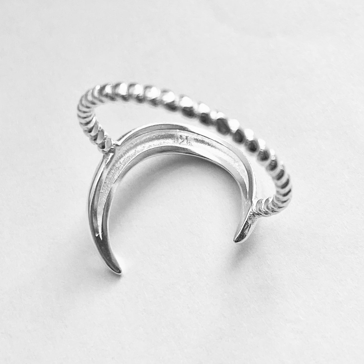Sterling Silver Large Crescent Moon Ring with Rope Band, Celestial Silver Rings