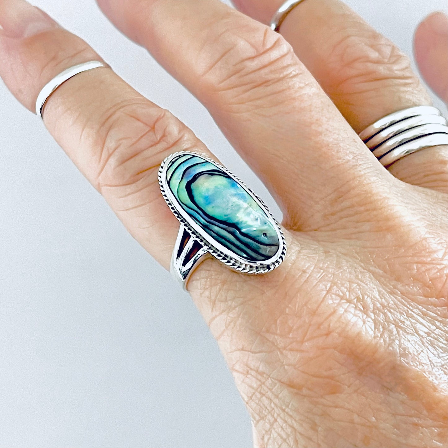 925 Sterling Silver Abalone Shell Ring | Long Oval Statement Ocean Jewelry