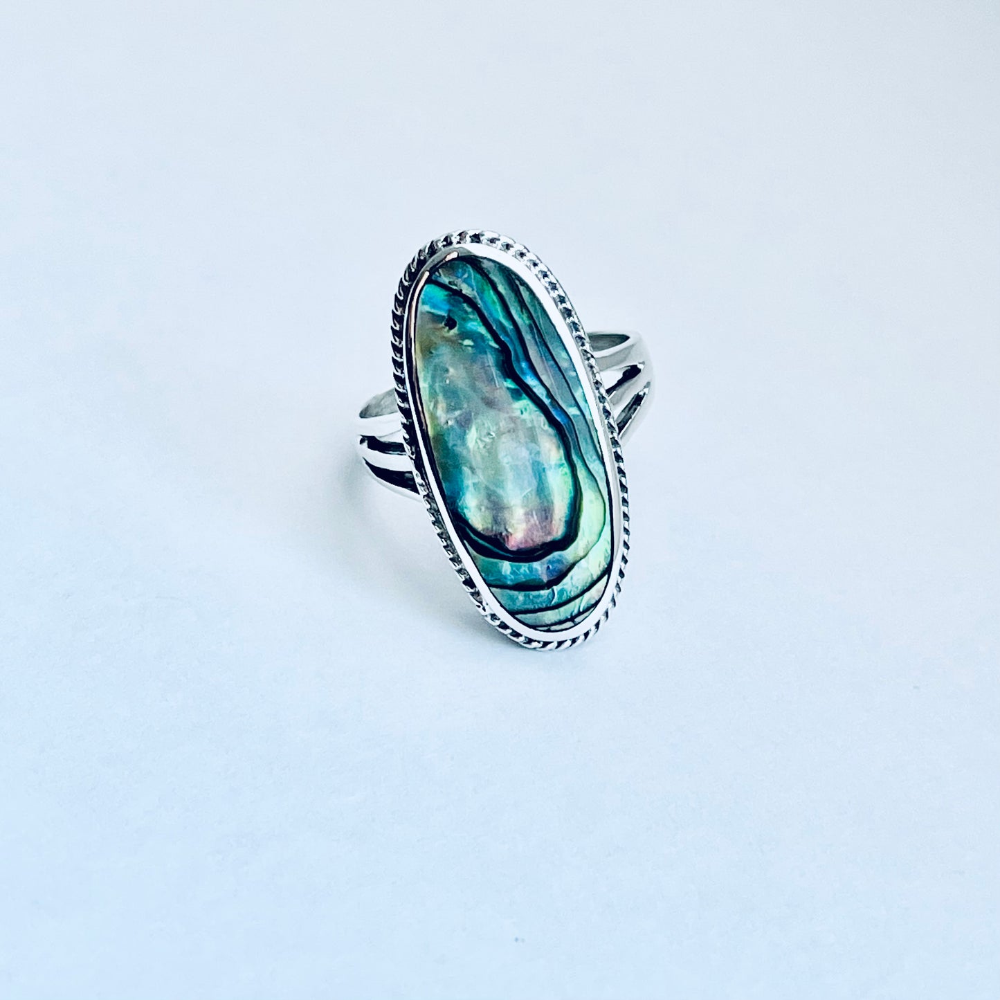 925 Sterling Silver Abalone Shell Ring | Long Oval Statement Ocean Jewelry