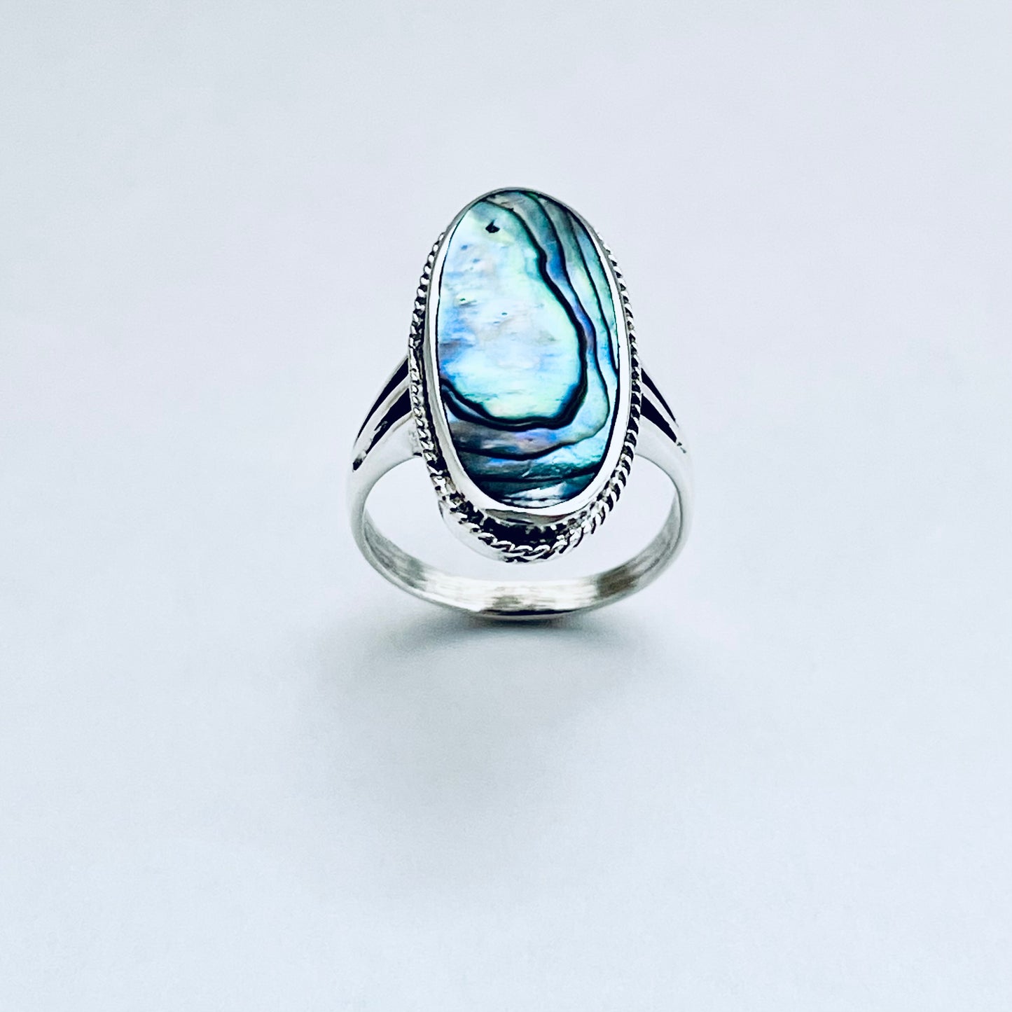 925 Sterling Silver Abalone Shell Ring | Long Oval Statement Ocean Jewelry