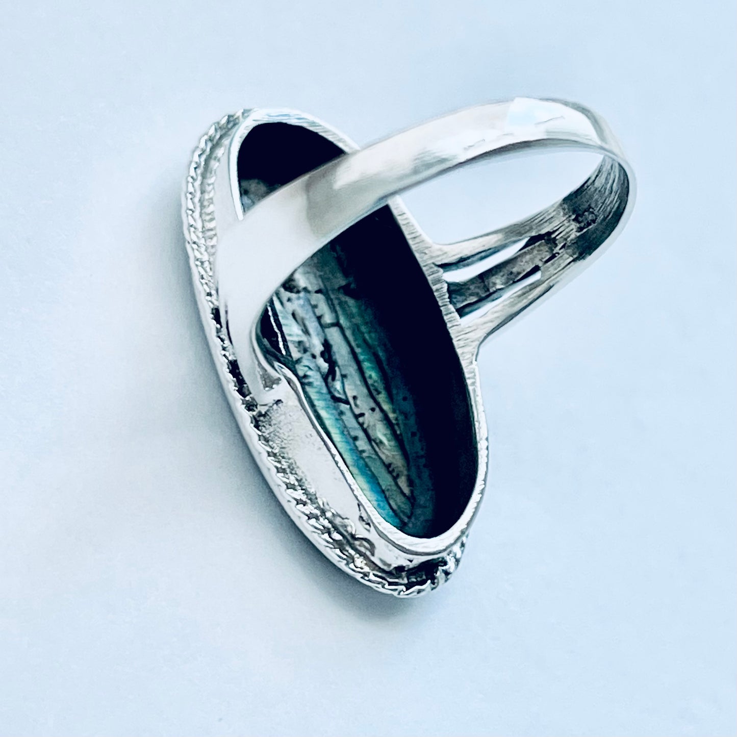925 Sterling Silver Abalone Shell Ring | Long Oval Statement Ocean Jewelry