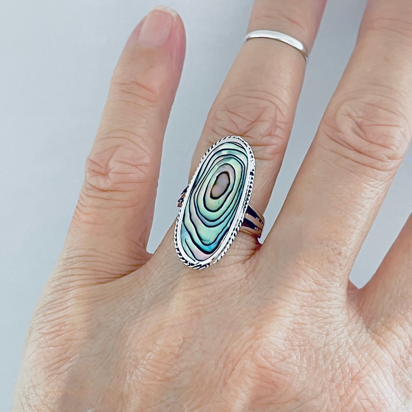 925 Sterling Silver Abalone Shell Ring | Long Oval Statement Ocean Jewelry