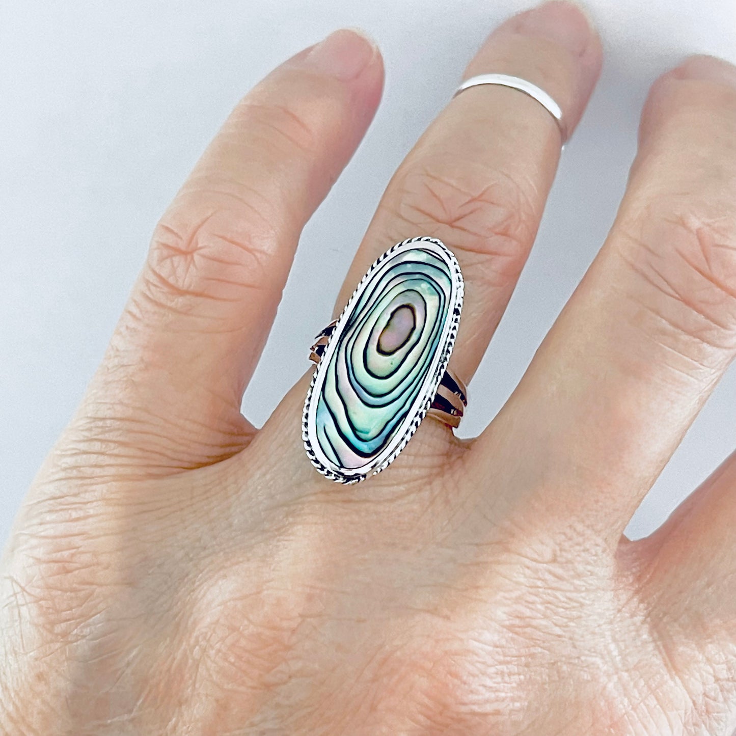 925 Sterling Silver Abalone Shell Ring | Long Oval Statement Ocean Jewelry