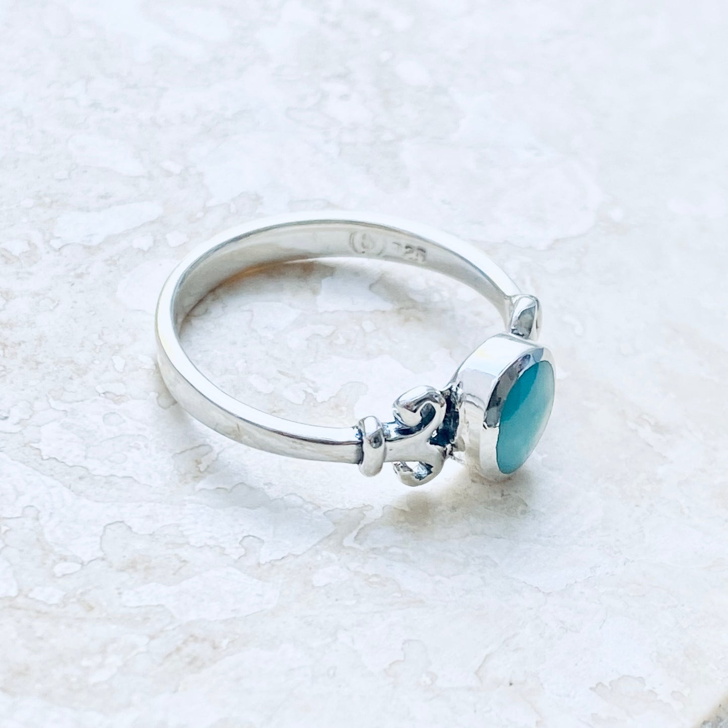 Sterling Silver Round Synthetic Turquoise Ring with Swirls, Dainty Stone Jewelry