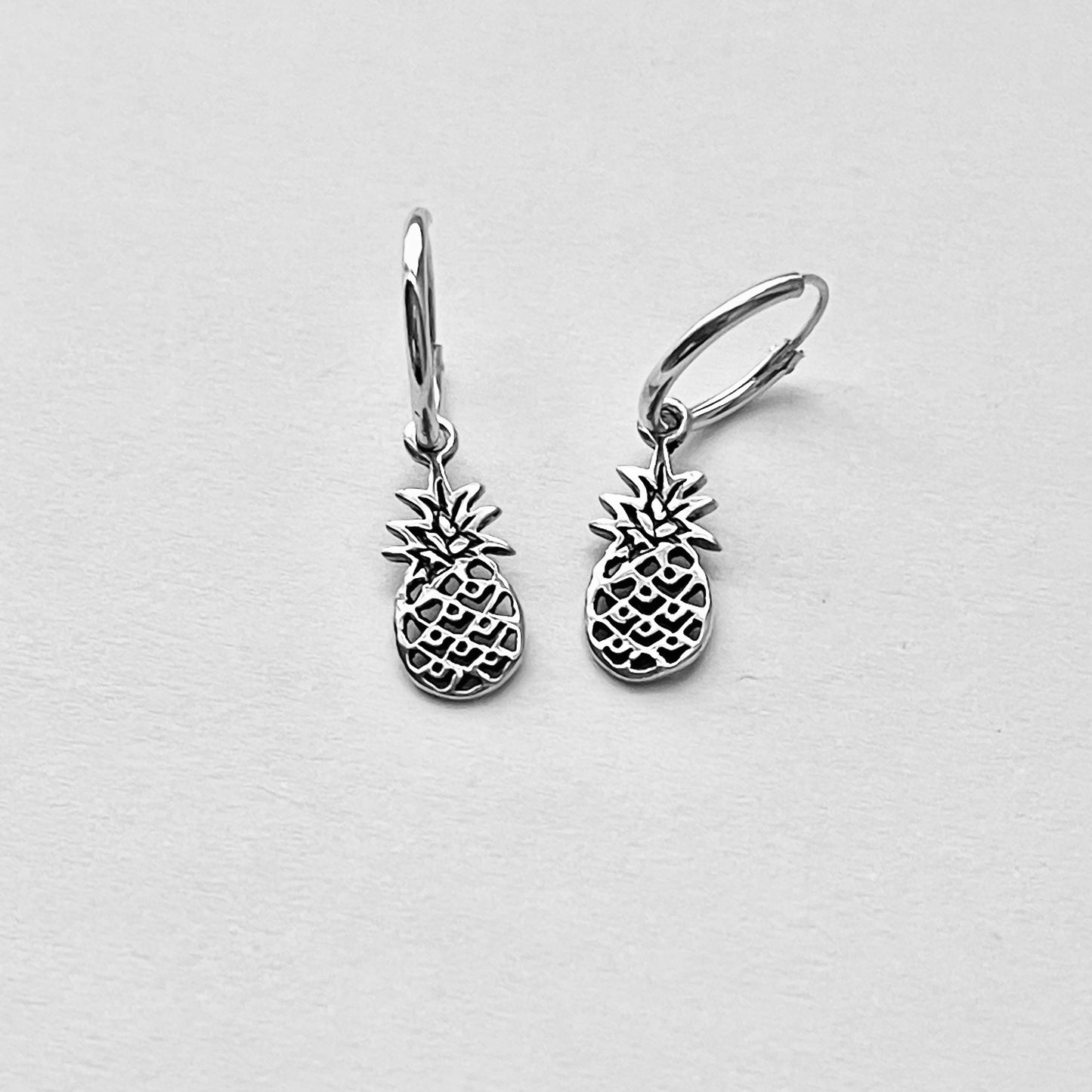 Sterling Silver Hoop with Pineapple Earring, Tropical Fruit Earrings, Dangling Silver Earring