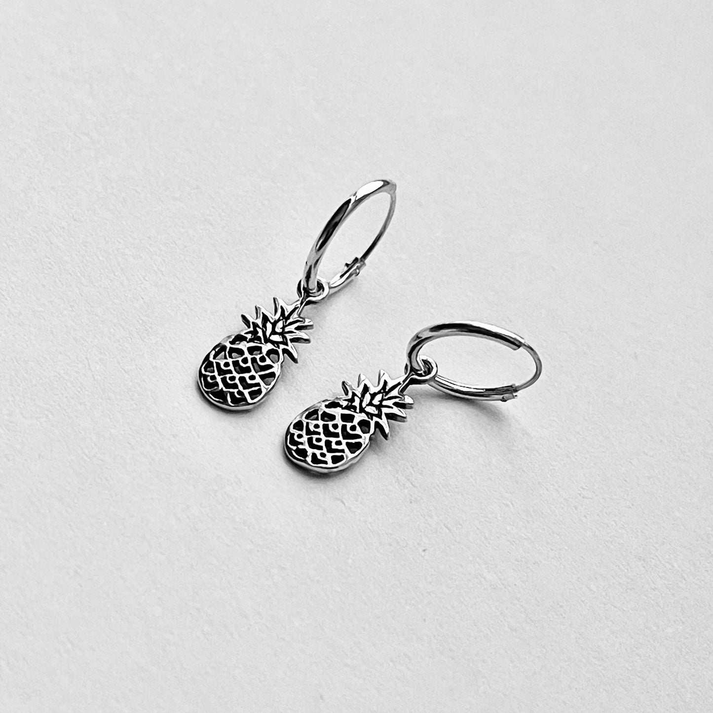 Sterling Silver Hoop with Pineapple Earring, Tropical Fruit Earrings, Dangling Silver Earring