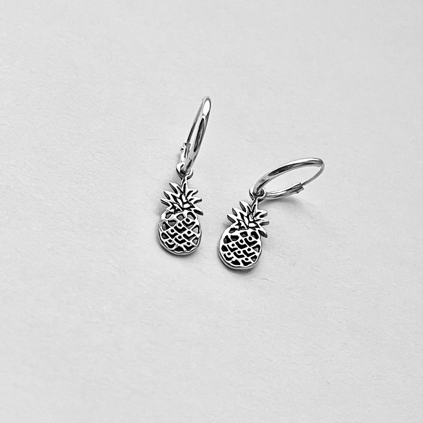 Sterling Silver Hoop with Pineapple Earring, Tropical Fruit Earrings, Dangling Silver Earring