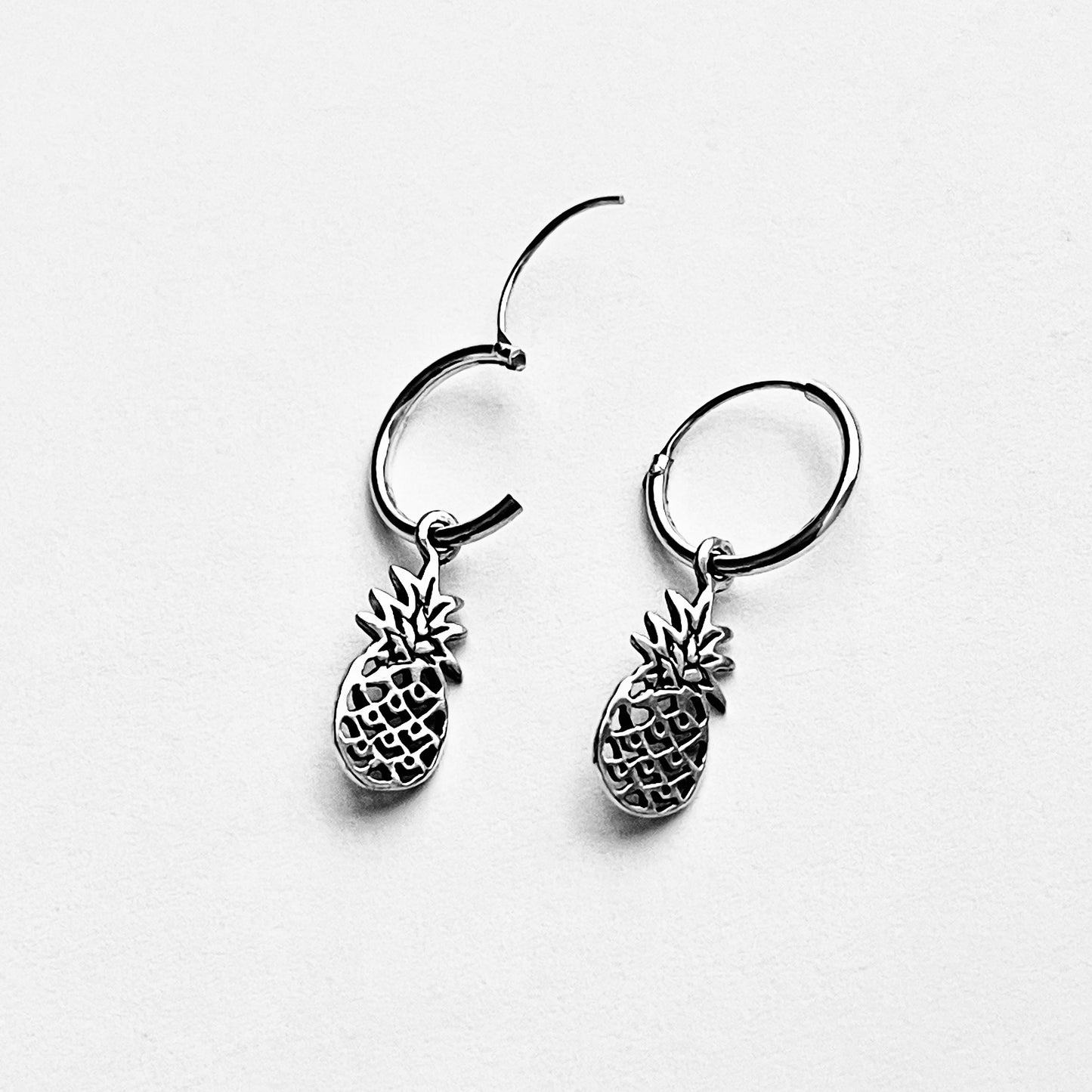 Sterling Silver Hoop with Pineapple Earring, Tropical Fruit Earrings, Dangling Silver Earring
