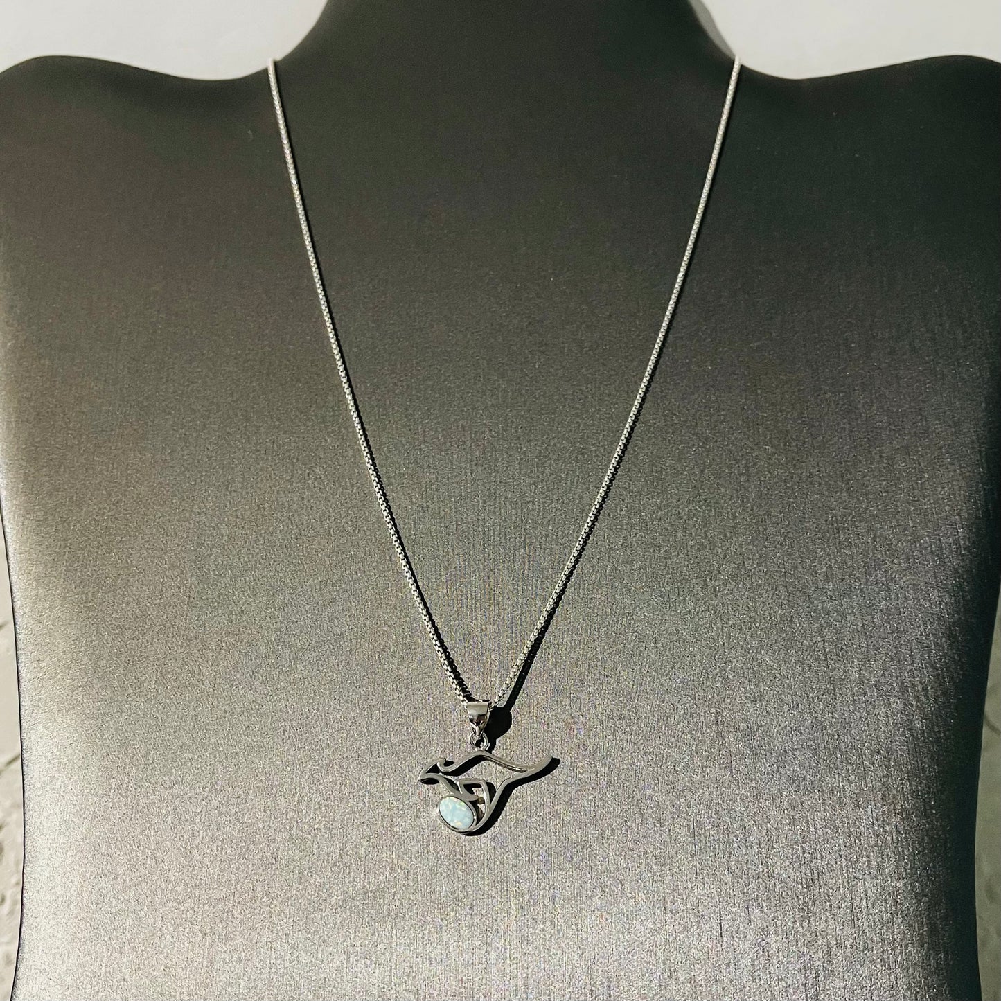 Sterling Silver Kangaroo with White Lab Opal Necklace, Australia Necklaces, October Birthstone Necklace
