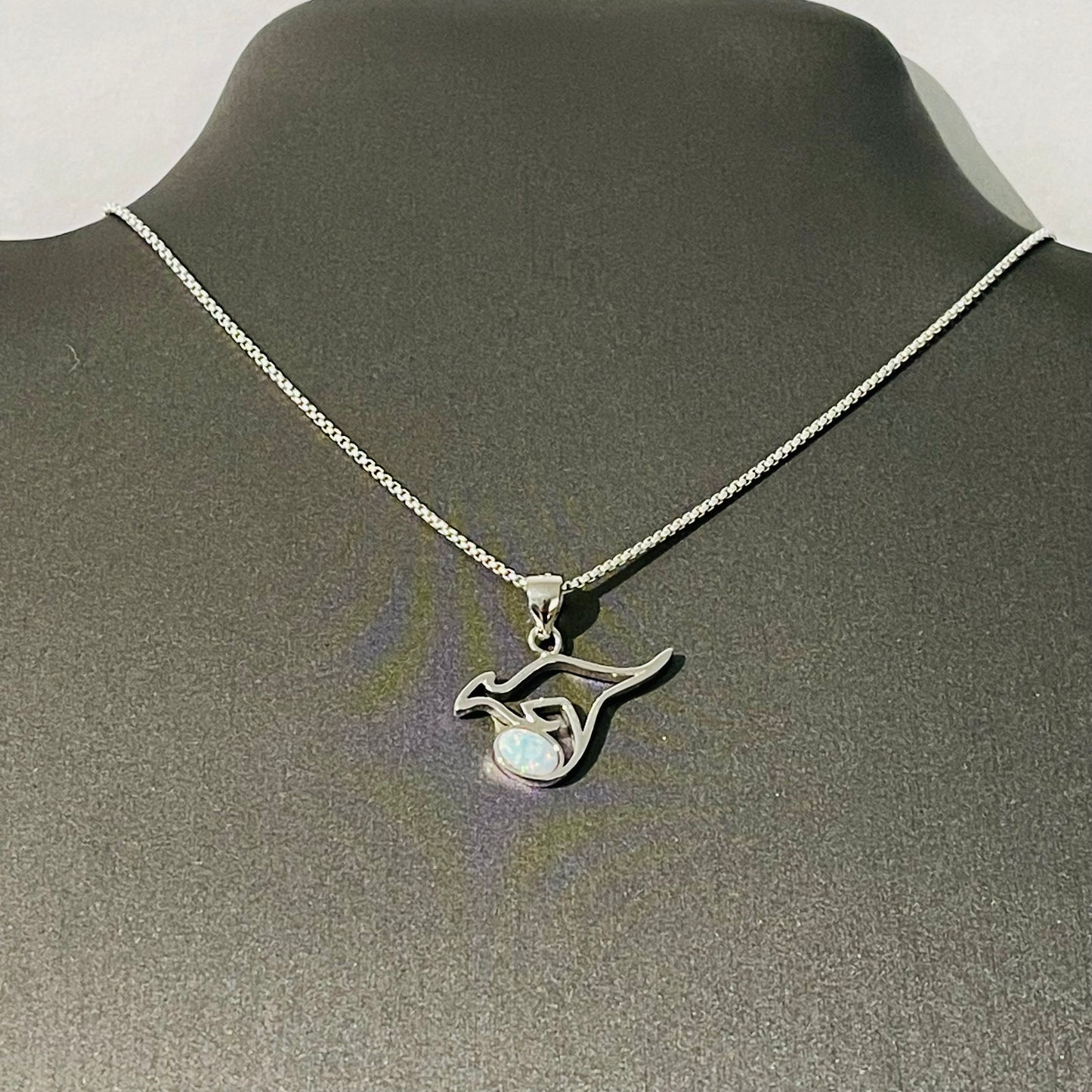 Sterling Silver Kangaroo with White Lab Opal Necklace, Australia Necklaces, October Birthstone Necklace