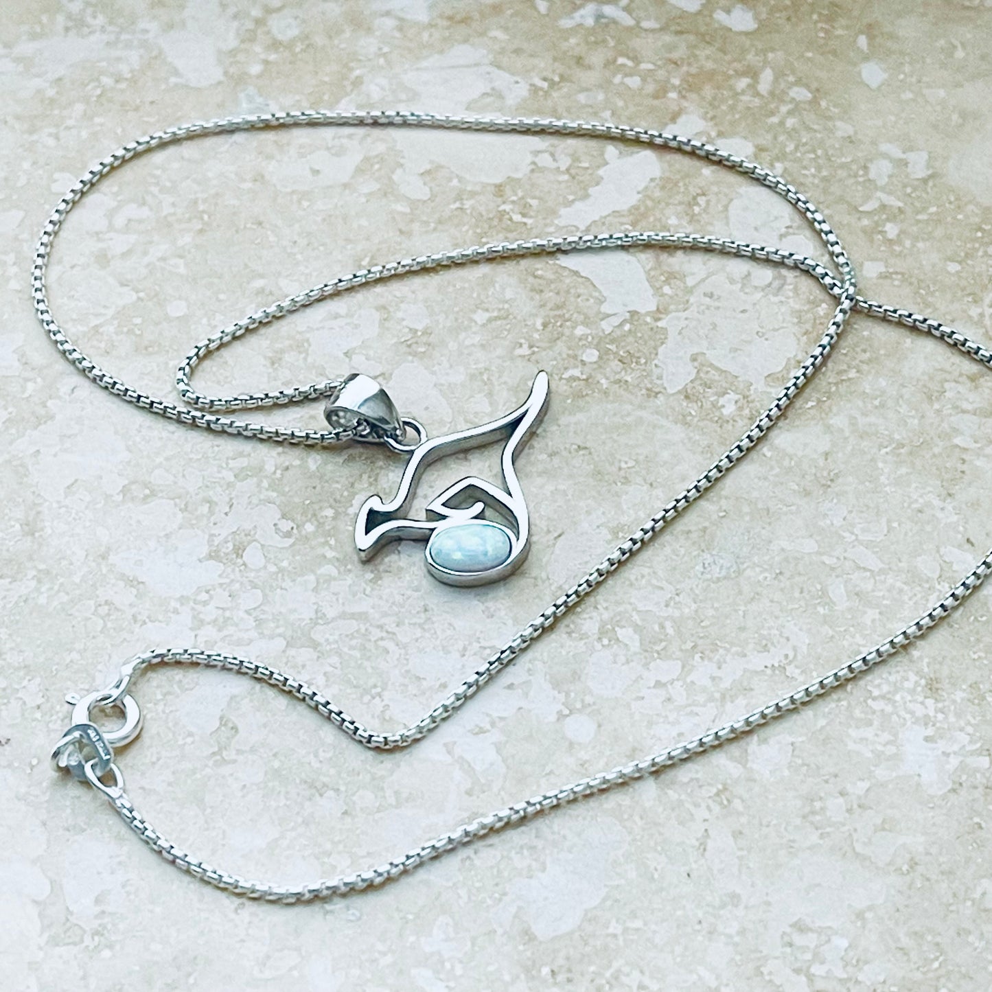 Sterling Silver Kangaroo with White Lab Opal Necklace, Australia Necklaces, October Birthstone Necklace