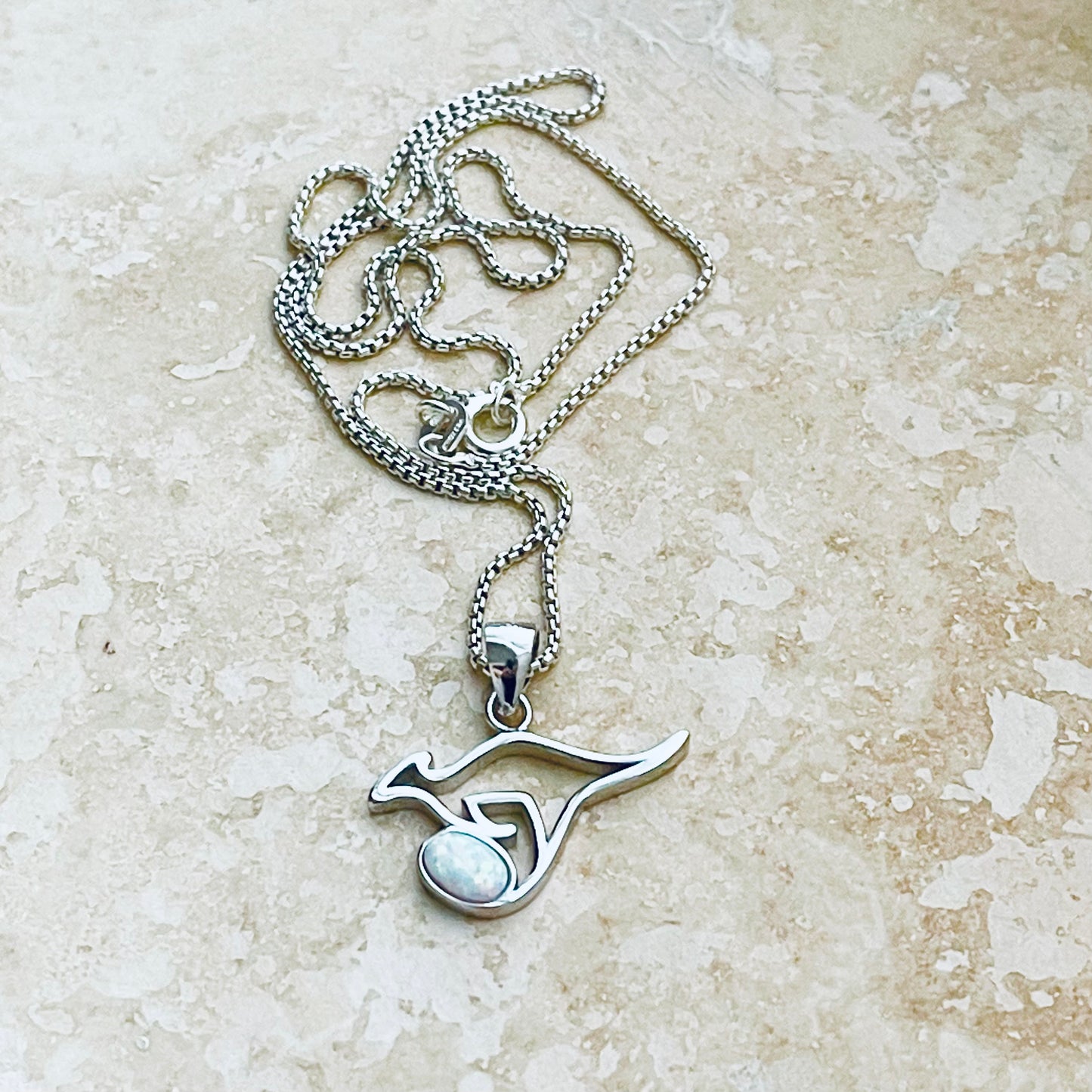 Sterling Silver Kangaroo with White Lab Opal Necklace, Australia Necklaces, October Birthstone Necklace