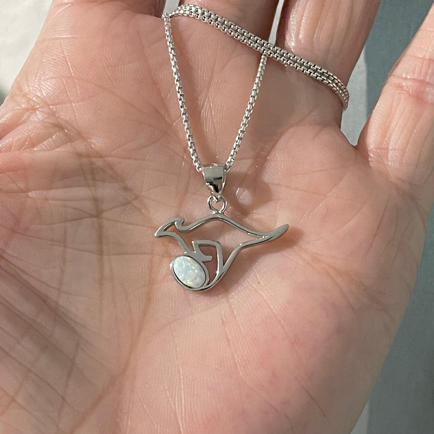 Sterling Silver Kangaroo with White Lab Opal Necklace, Australia Necklaces, October Birthstone Necklace