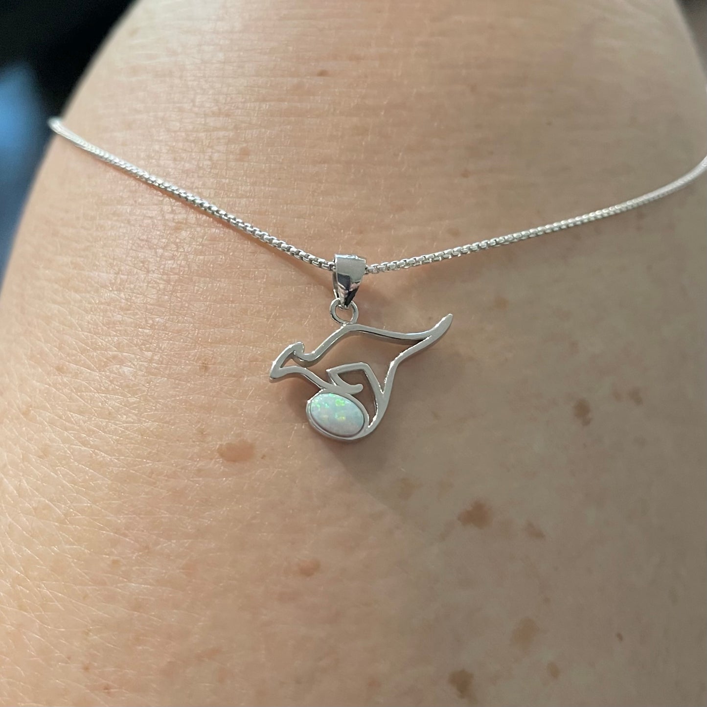 Sterling Silver Kangaroo with White Lab Opal Necklace, Australia Necklaces, October Birthstone Necklace