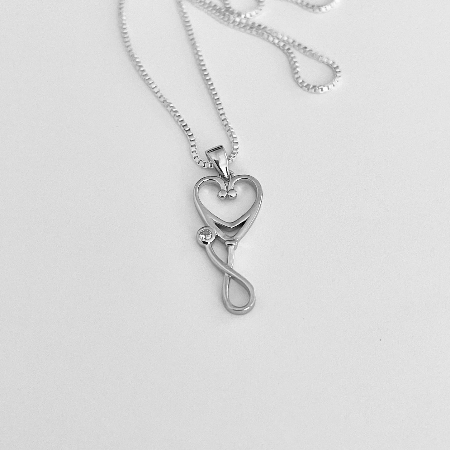 Sterling Silver CZ Diaphragm Heart Stethoscope Necklace, Doctor Necklaces, Nurse, Hearts