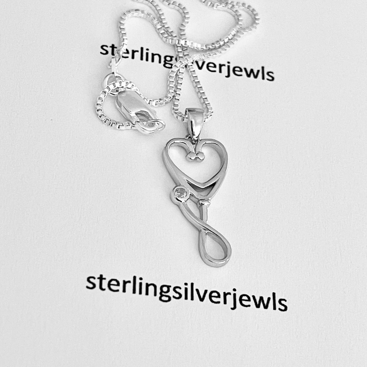 Sterling Silver CZ Diaphragm Heart Stethoscope Necklace, Doctor Necklaces, Nurse, Hearts