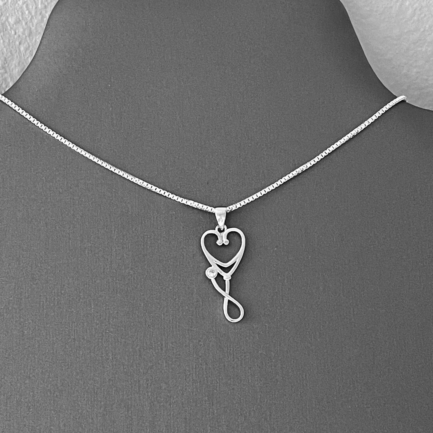Sterling Silver CZ Diaphragm Heart Stethoscope Necklace, Doctor Necklaces, Nurse, Hearts