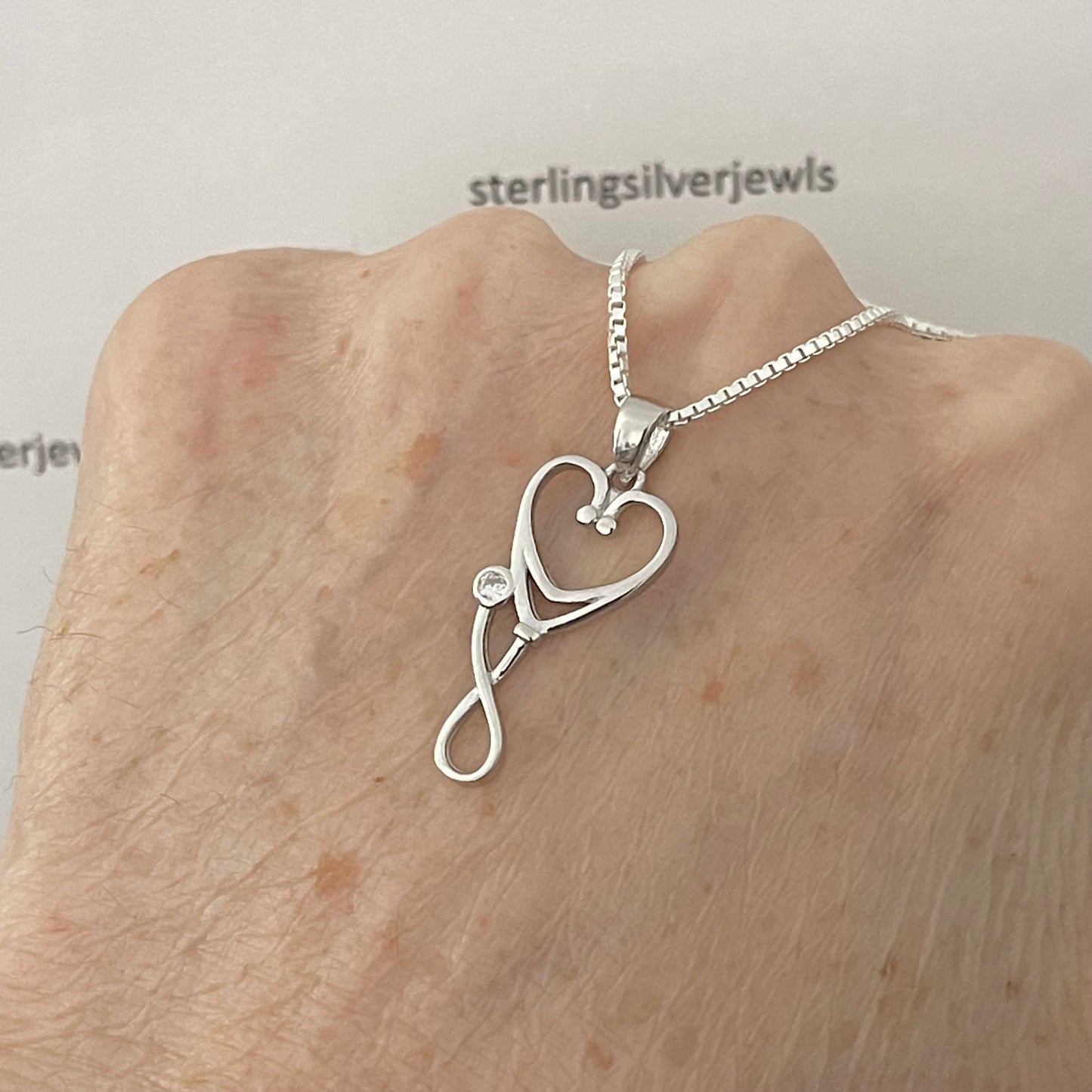 Sterling Silver CZ Diaphragm Heart Stethoscope Necklace, Doctor Necklaces, Nurse, Hearts
