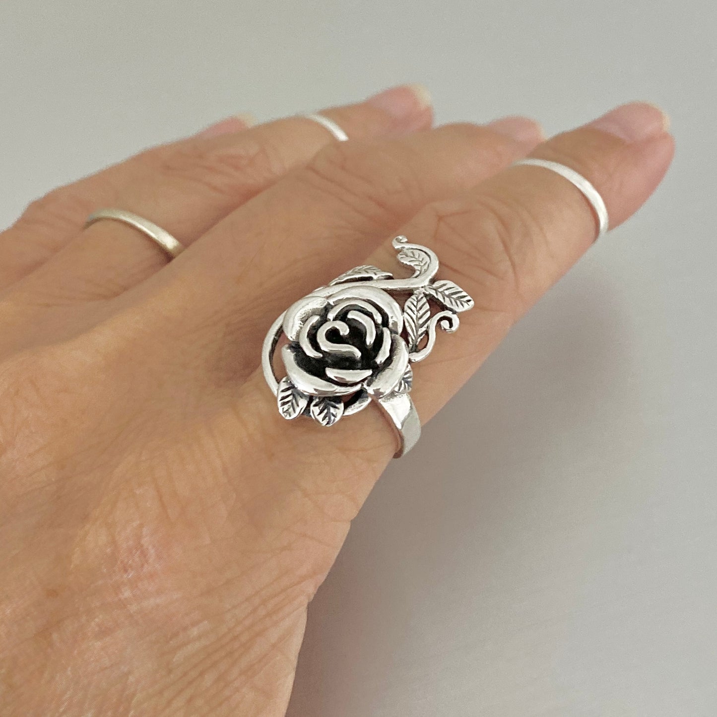 Sterling Silver Large Rose Ring with Leaf Branches, Statement Flower Ring, Silver Rings, Love Roses