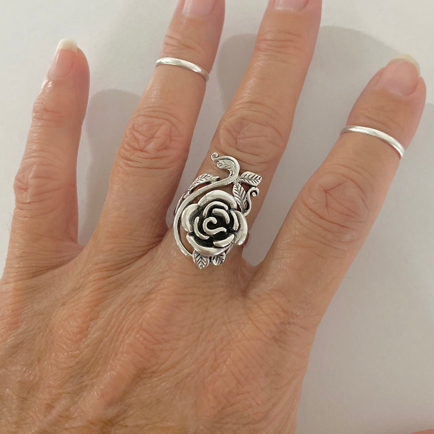 Sterling Silver Large Rose Ring with Leaf Branches, Statement Flower Ring, Silver Rings, Love Roses