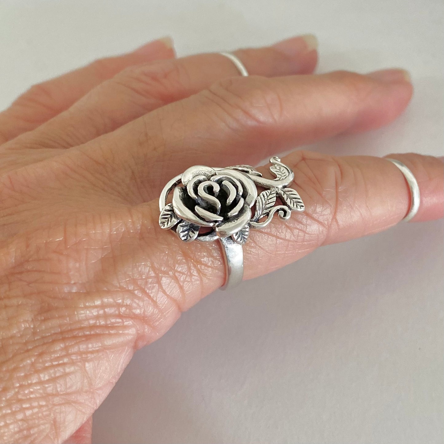 Sterling Silver Large Rose Ring with Leaf Branches, Statement Flower Ring, Silver Rings, Love Roses