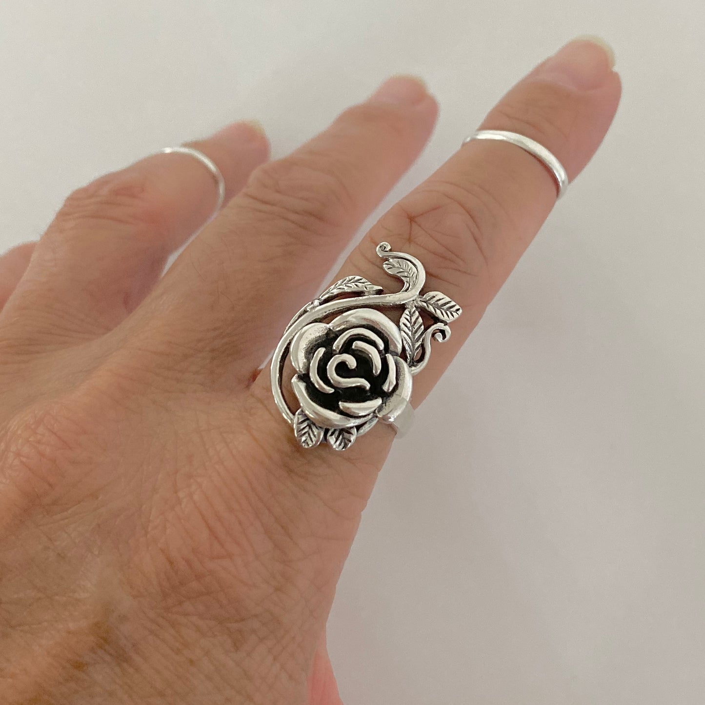 Sterling Silver Large Rose Ring with Leaf Branches, Statement Flower Ring, Silver Rings, Love Roses