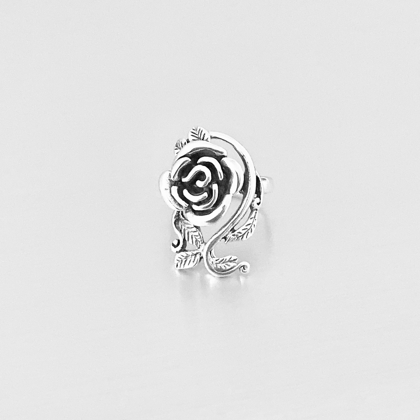 Sterling Silver Large Rose Ring with Leaf Branches, Statement Flower Ring, Silver Rings, Love Roses