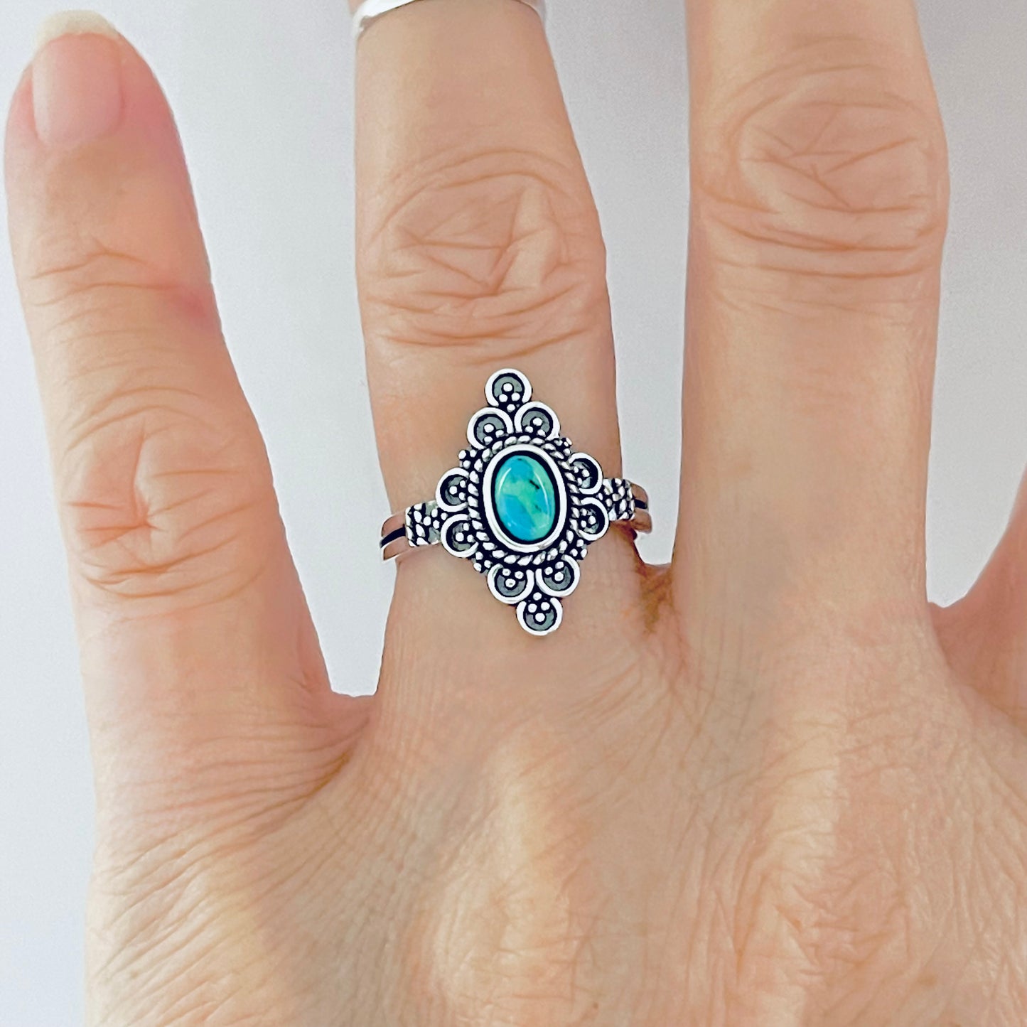 Sterling Silver Bali Style Genuine Turquoise Ring – Mandala Victorian Statement Rings