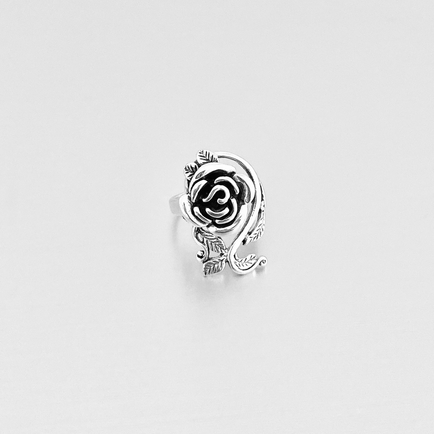 Sterling Silver Large Rose Ring with Leaf Branches | Statement Floral Ring