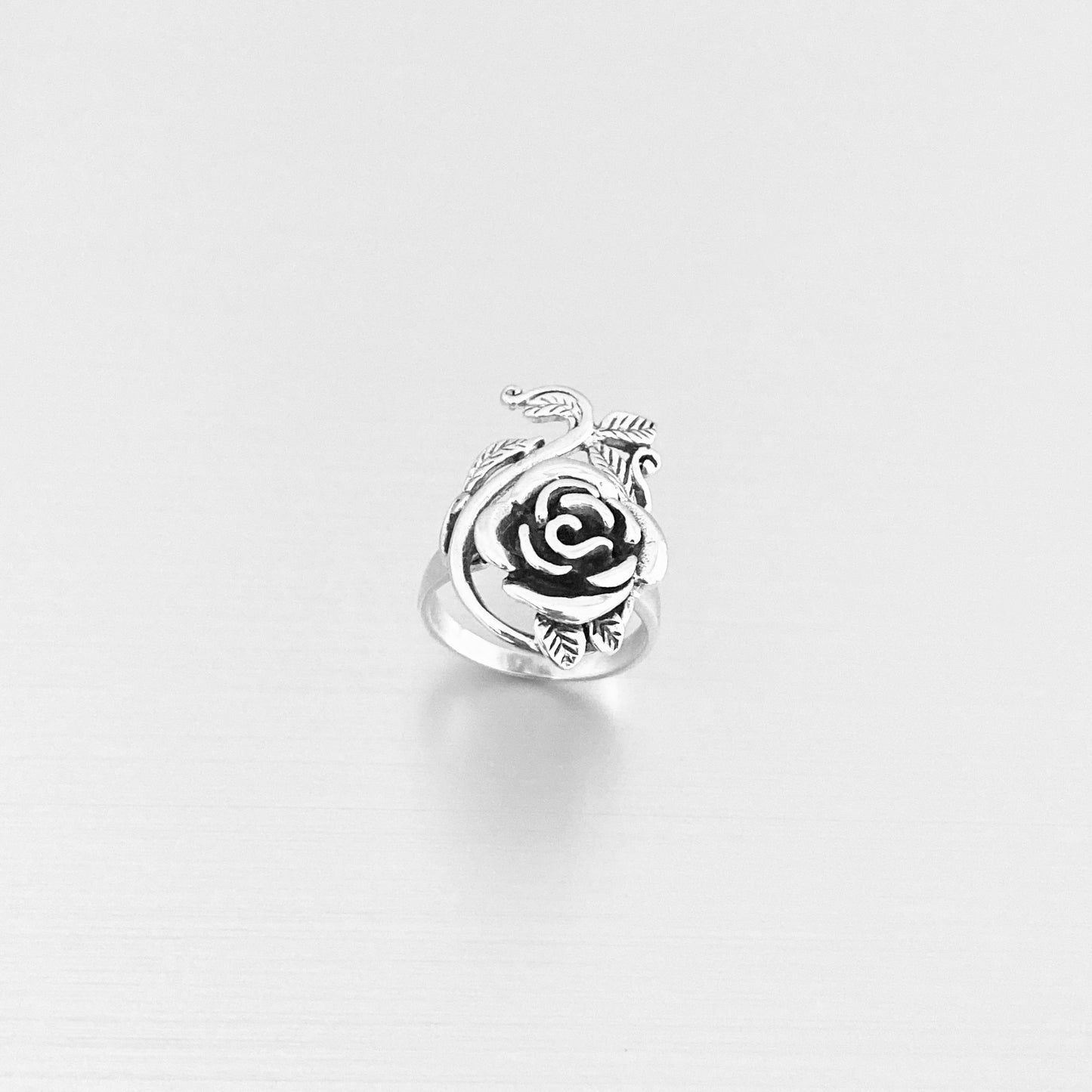 Sterling Silver Large Rose Ring with Leaf Branches, Statement Flower Ring, Silver Rings, Love Roses