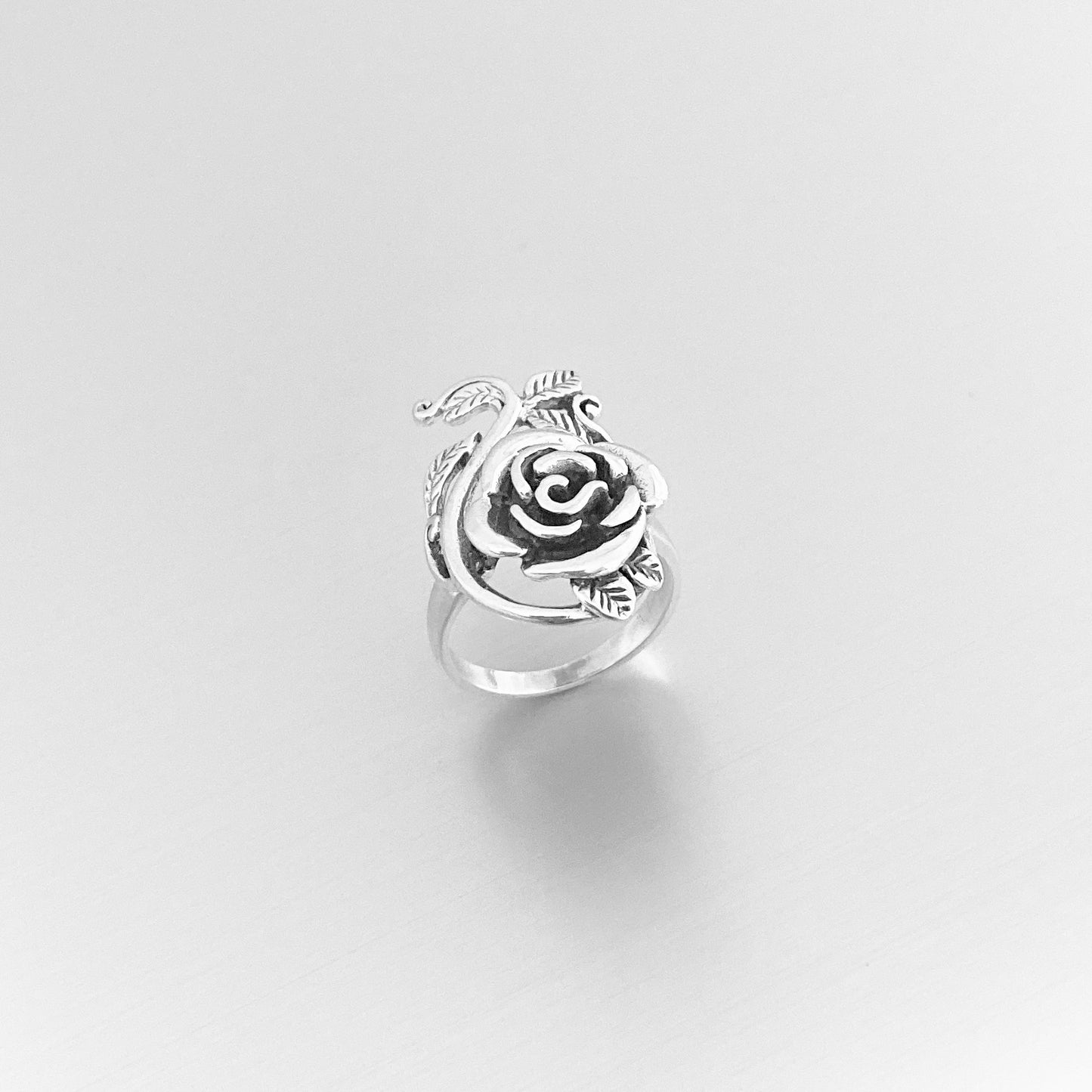 Sterling Silver Large Rose Ring with Leaf Branches, Statement Flower Ring, Silver Rings, Love Roses