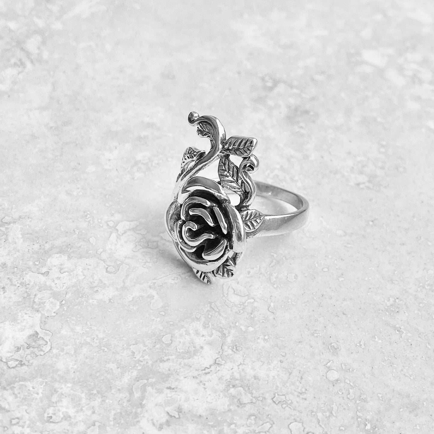 Sterling Silver Large Rose Ring with Leaf Branches, Statement Flower Ring, Silver Rings, Love Roses