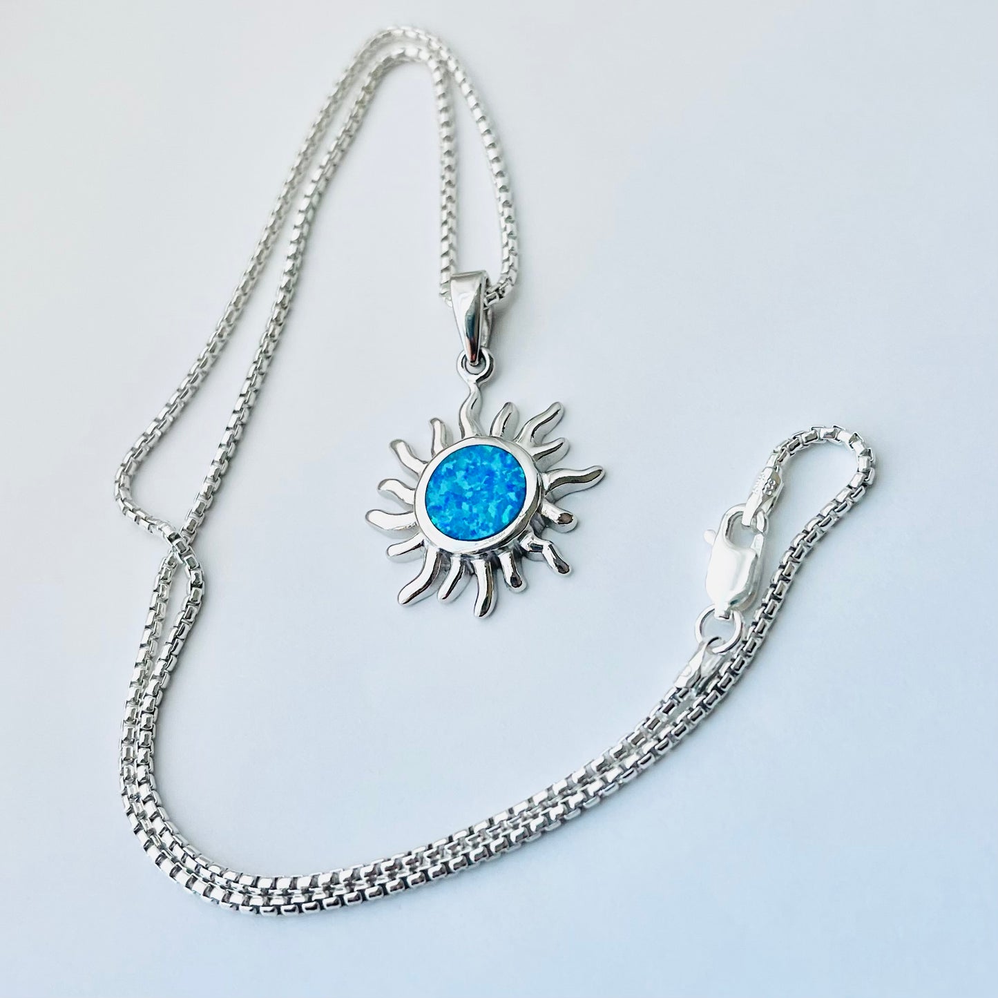Sterling Silver Blue Lab Opal Blazing Sun Necklace, Celestial Chain, Silver Necklaces, Sunshine