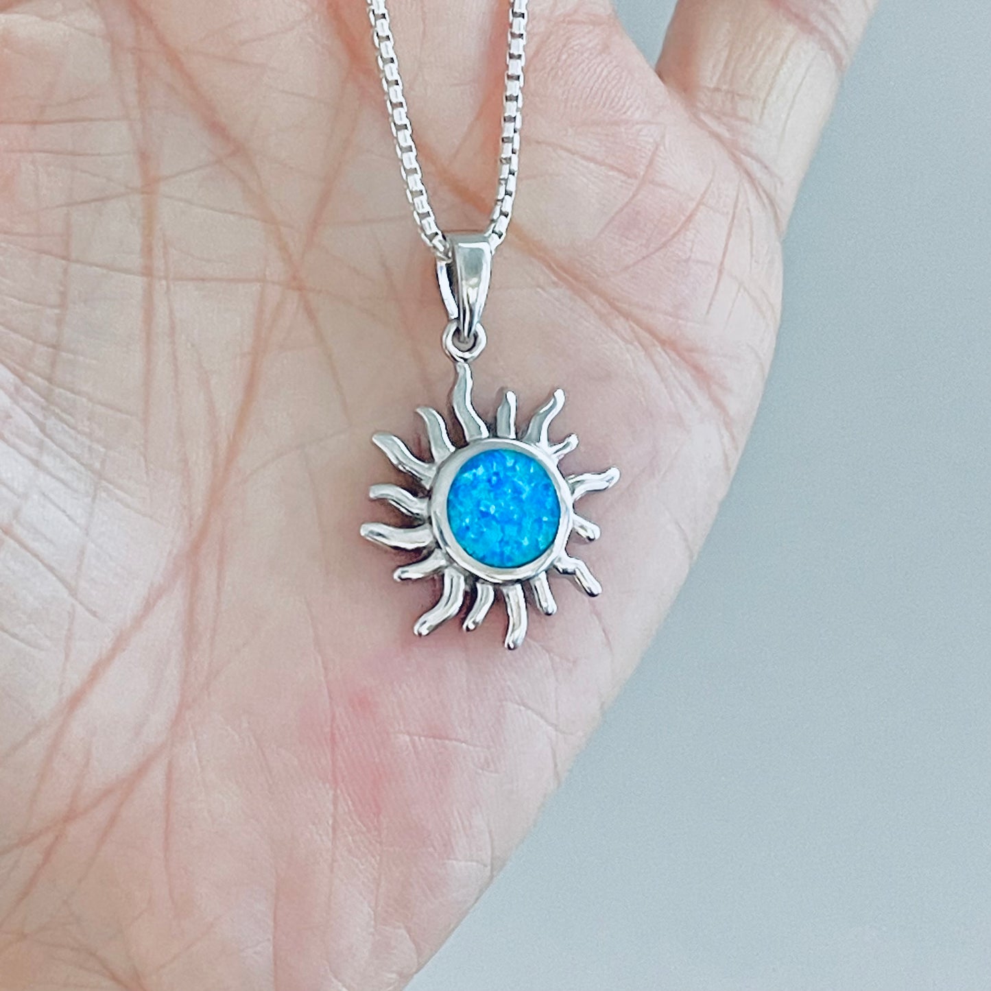 Sterling Silver Blue Lab Opal Blazing Sun Necklace, Celestial Chain, Silver Necklaces, Sunshine