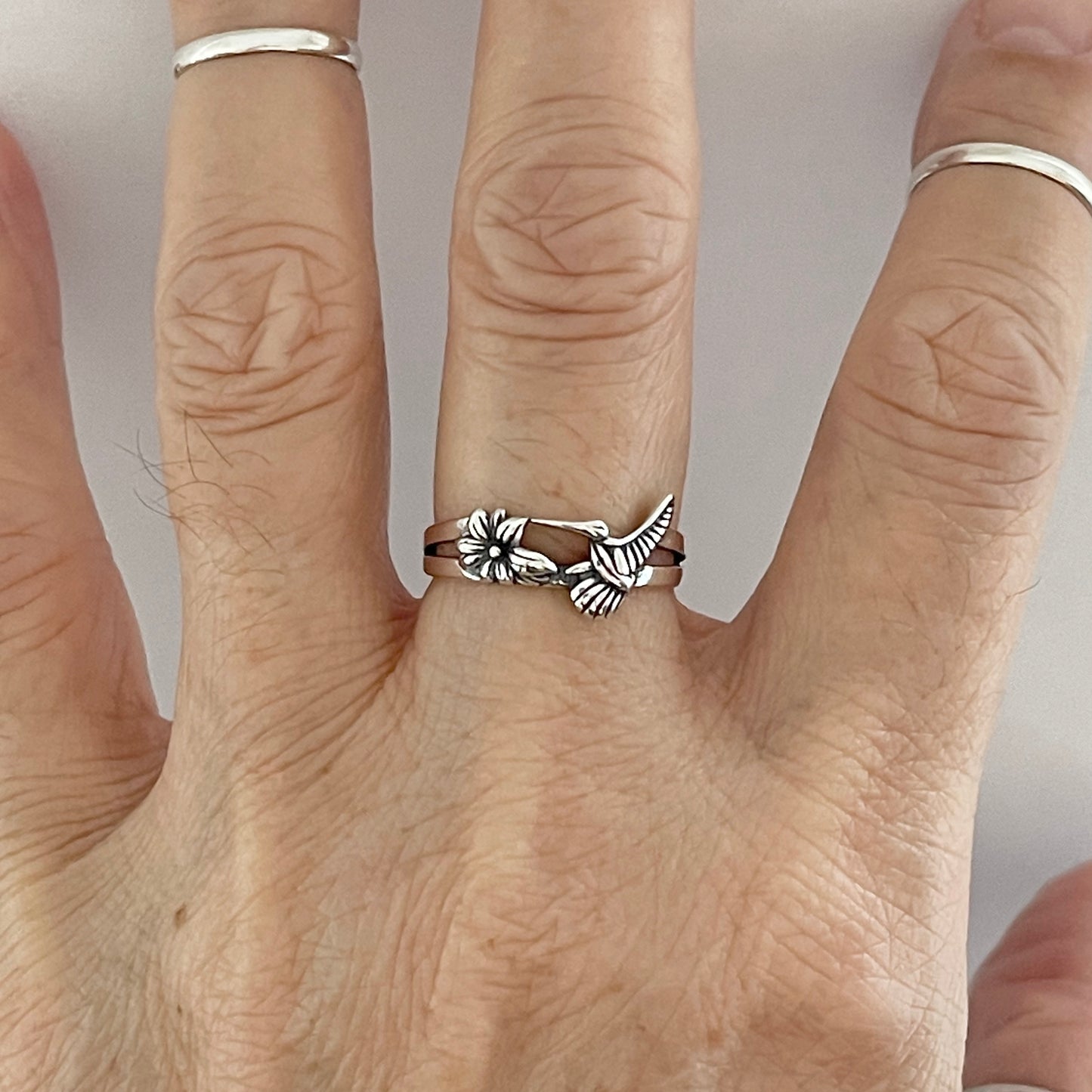Sterling Silver Flower and Hummingbird Ring, Silver Rings, Animal Ring, Birds