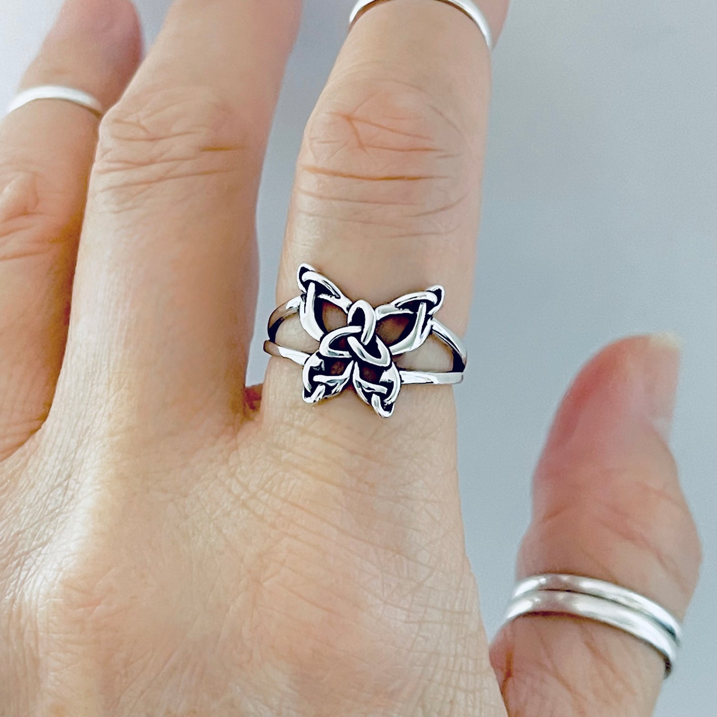 Sterling Silver Statement Triquetra Butterfly Ring – Celtic Trinity Knot Spirit Bug Silver Rings