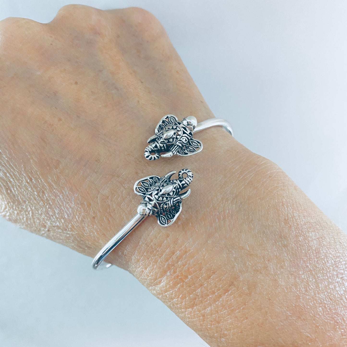 Sterling Silver Ganesha Elephant Bangle with Round Band, Animal Bracelet, OM Bangles, Silver Bracelets