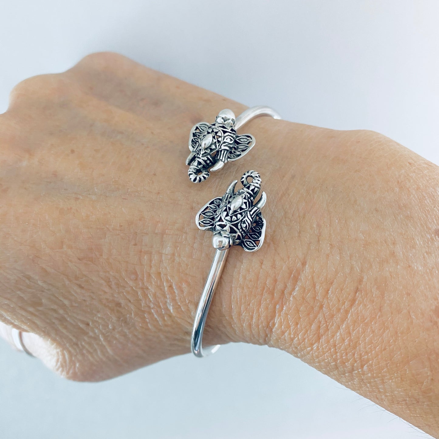 Sterling Silver Ganesha Elephant Bangle with Round Band, Animal Bracelet, OM Bangles, Silver Bracelets