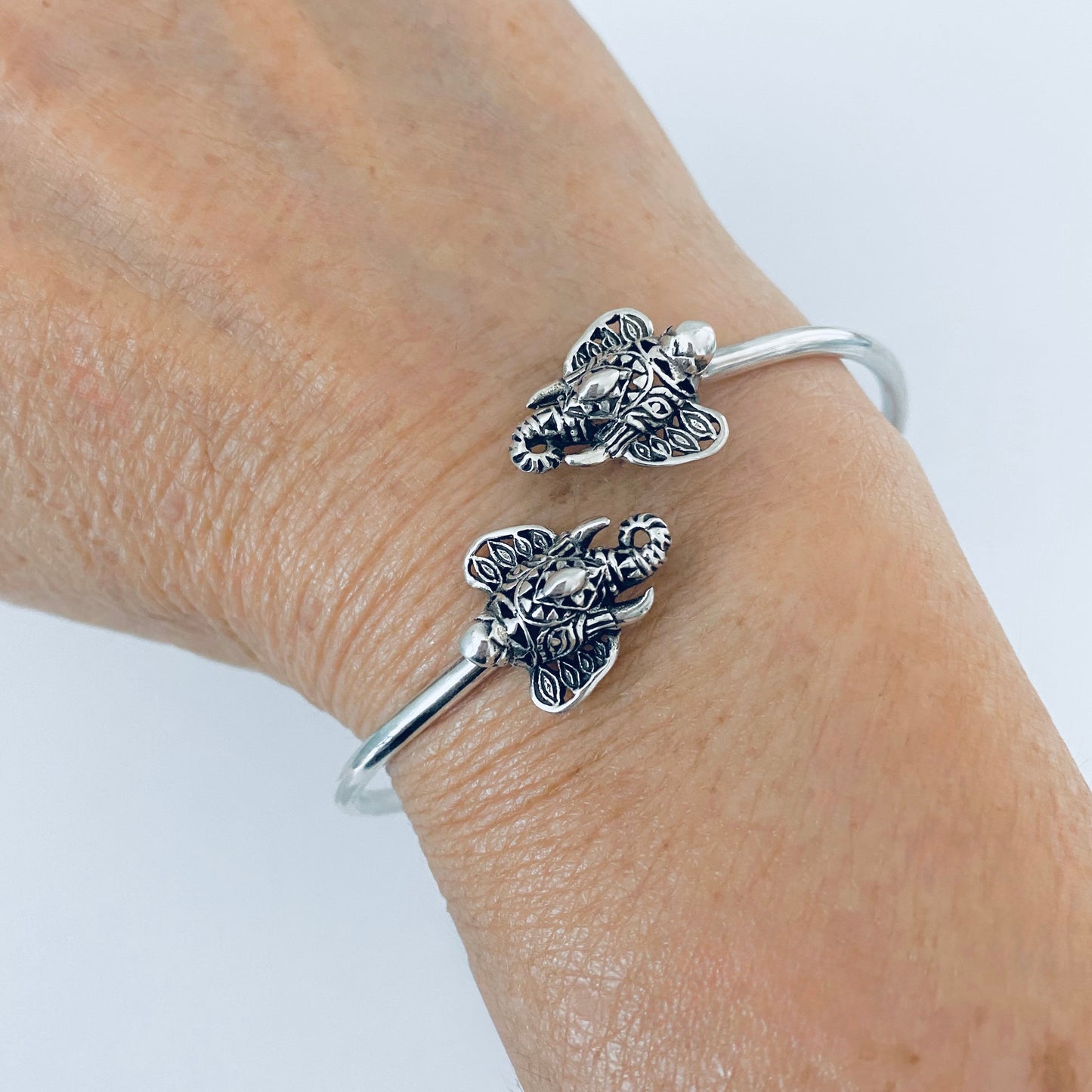 Sterling Silver Ganesha Elephant Bangle with Round Band, Animal Bracelet, OM Bangles, Silver Bracelets