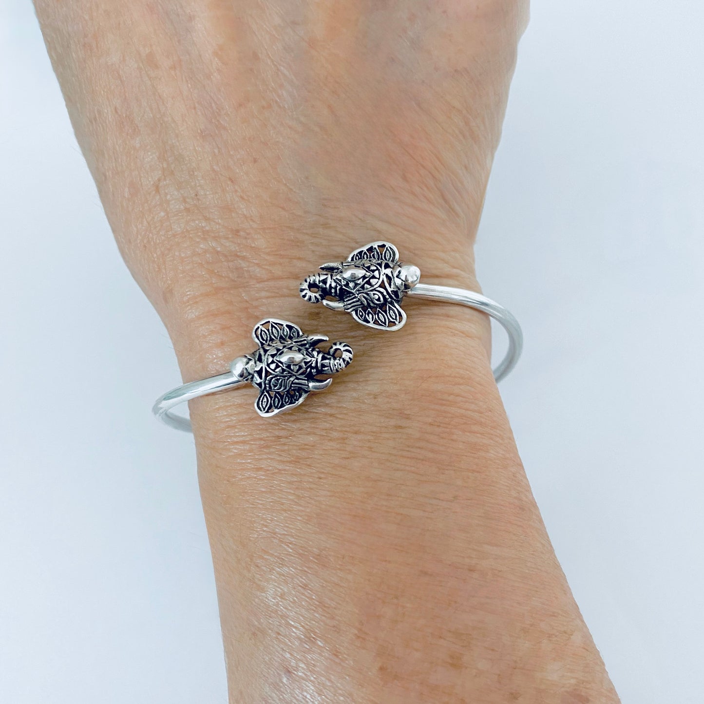 Sterling Silver Ganesha Elephant Bangle with Round Band, Animal Bracelet, OM Bangles, Silver Bracelets
