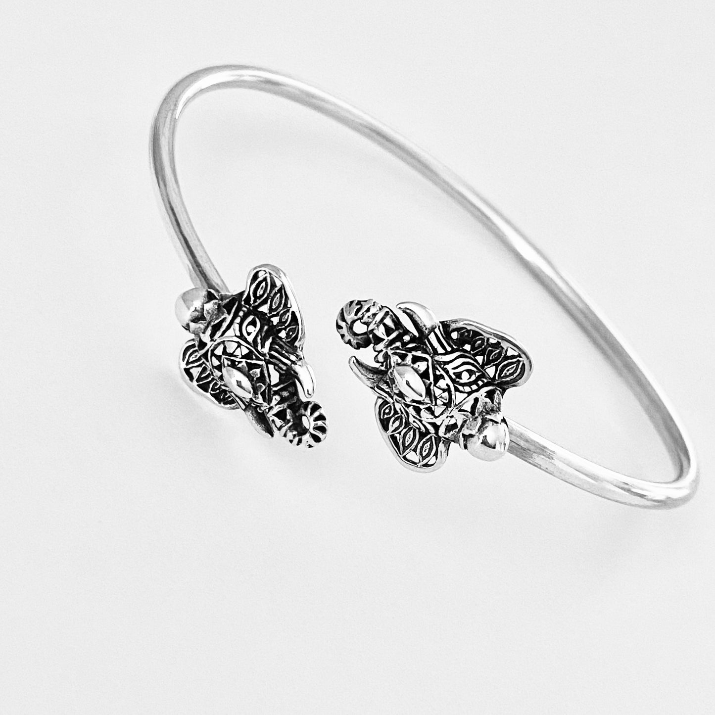 Sterling Silver Ganesha Elephant Bangle with Round Band, Animal Bracelet, OM Bangles, Silver Bracelets