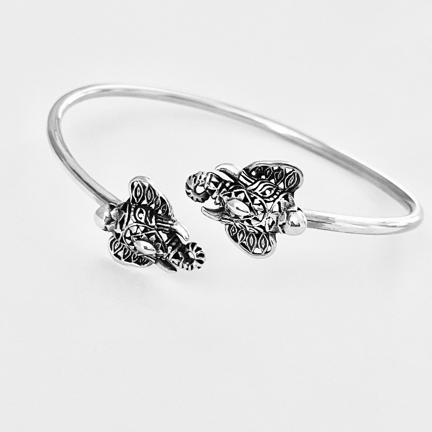 Sterling Silver Ganesha Elephant Bangle with Round Band, Animal Bracelet, OM Bangles, Silver Bracelets
