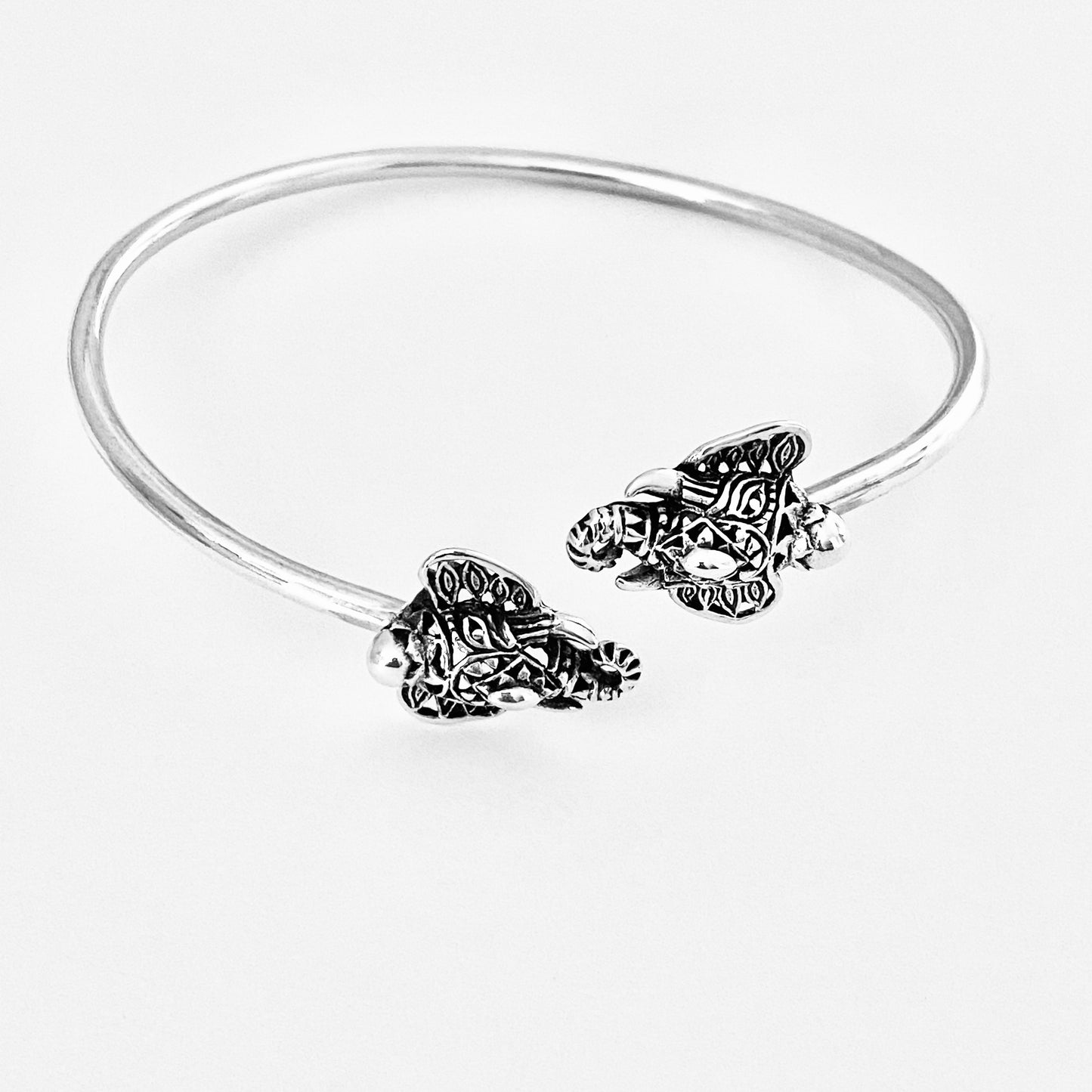 Sterling Silver Ganesha Elephant Bangle with Round Band, Animal Bracelet, OM Bangles, Silver Bracelets