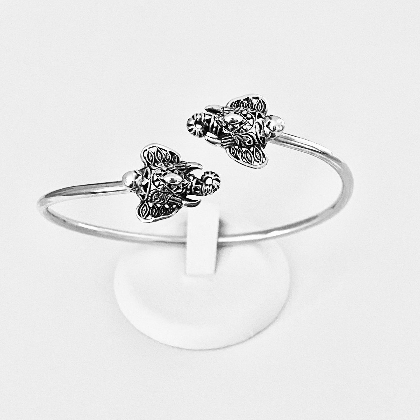 Sterling Silver Ganesha Elephant Bangle with Round Band, Animal Bracelet, OM Bangles, Silver Bracelets