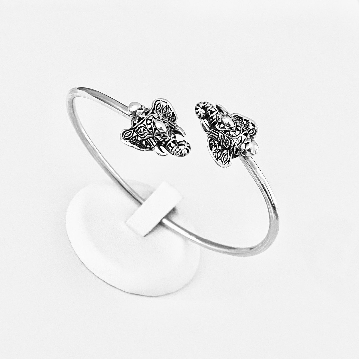 Sterling Silver Ganesha Elephant Bangle with Round Band, Animal Bracelet, OM Bangles, Silver Bracelets