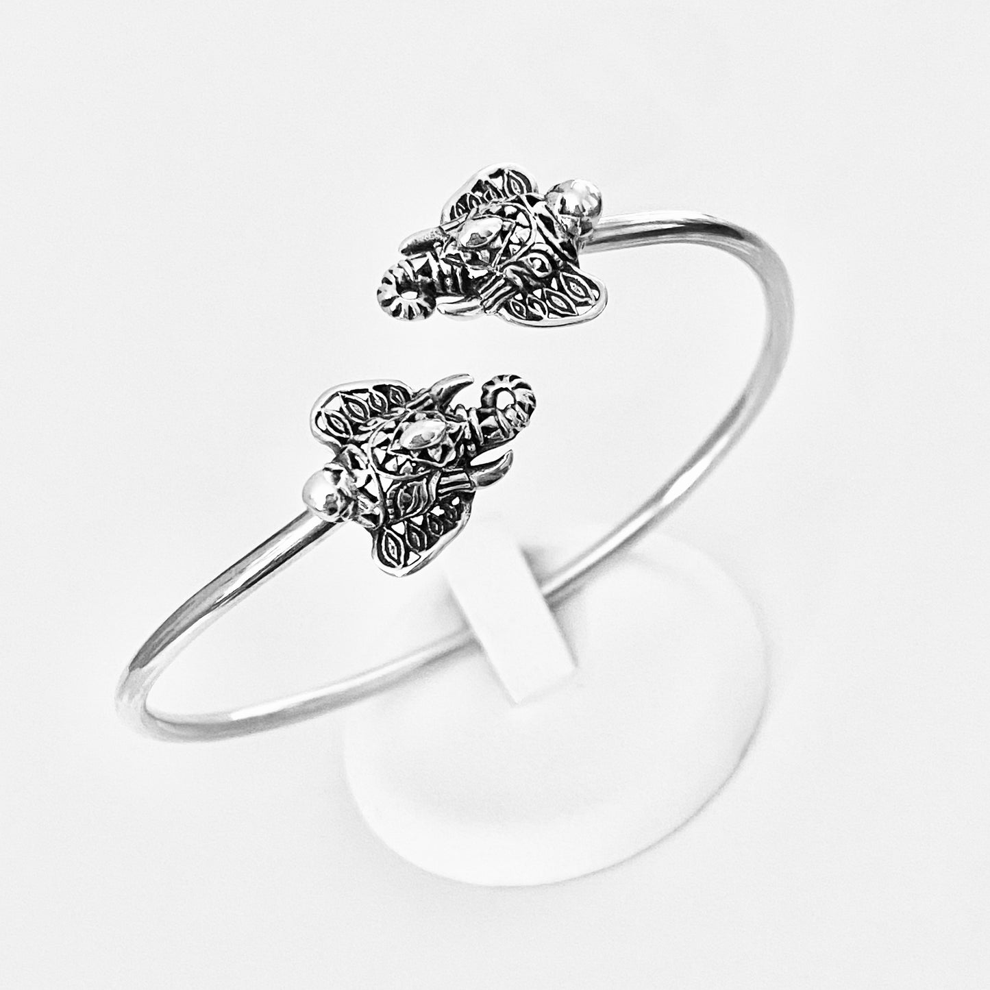 Sterling Silver Ganesha Elephant Bangle with Round Band, Animal Bracelet, OM Bangles, Silver Bracelets